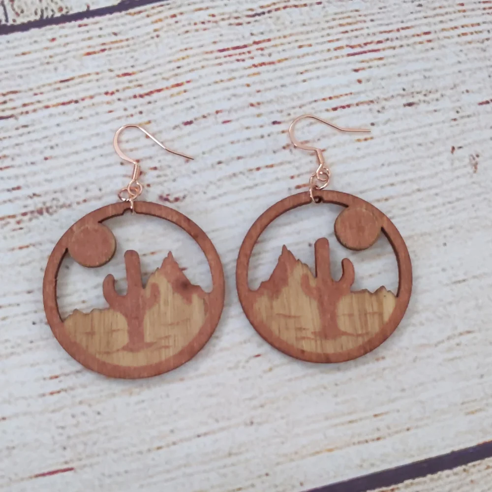 Wood Cactus Desert Earrings - Picture 2 of 2
